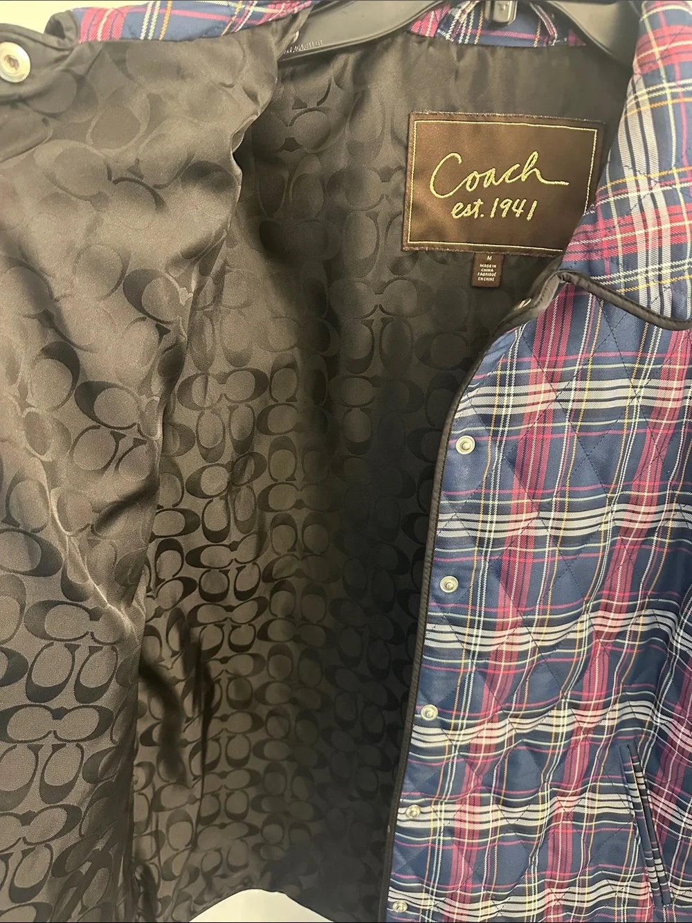 Coach Plaid Quilted Snap Front Jacket in Navy and Pink SZ M